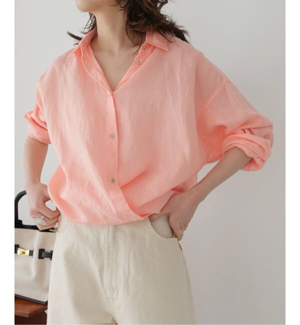 Spick and Span「《程よくすっきりサイズ》 80リネンカシュクール ミディシャツ」|シャツ・ブラウス|ピンク B