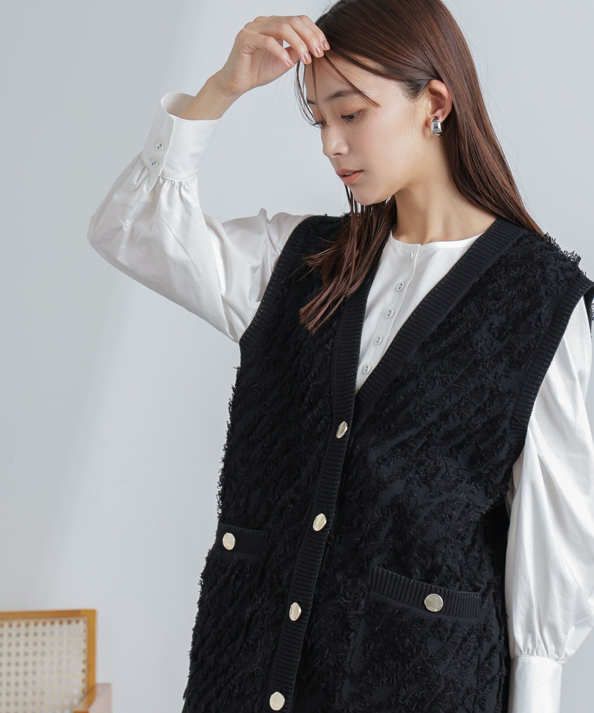 nano･universe「フリンジニットベスト(セットアップ可)」|ニット・セーター|ブラック