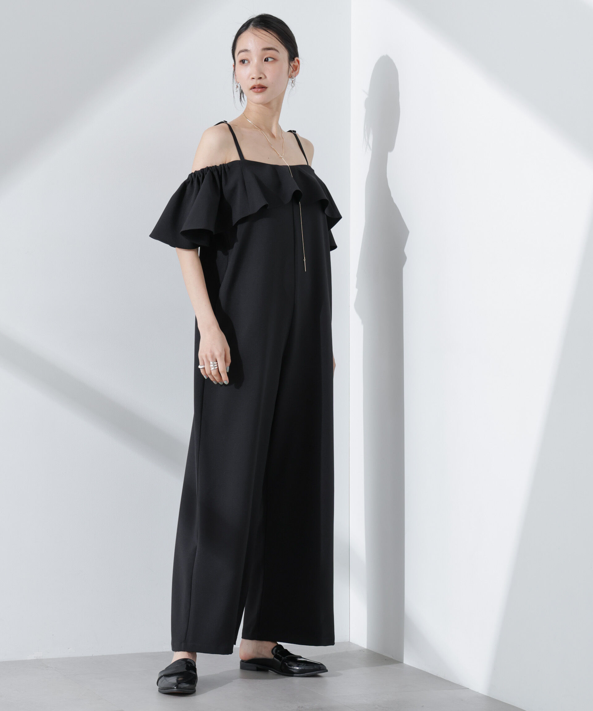nano･universe「2wayオフショルダーフリルオールインワン」|ワンピース|ブラック