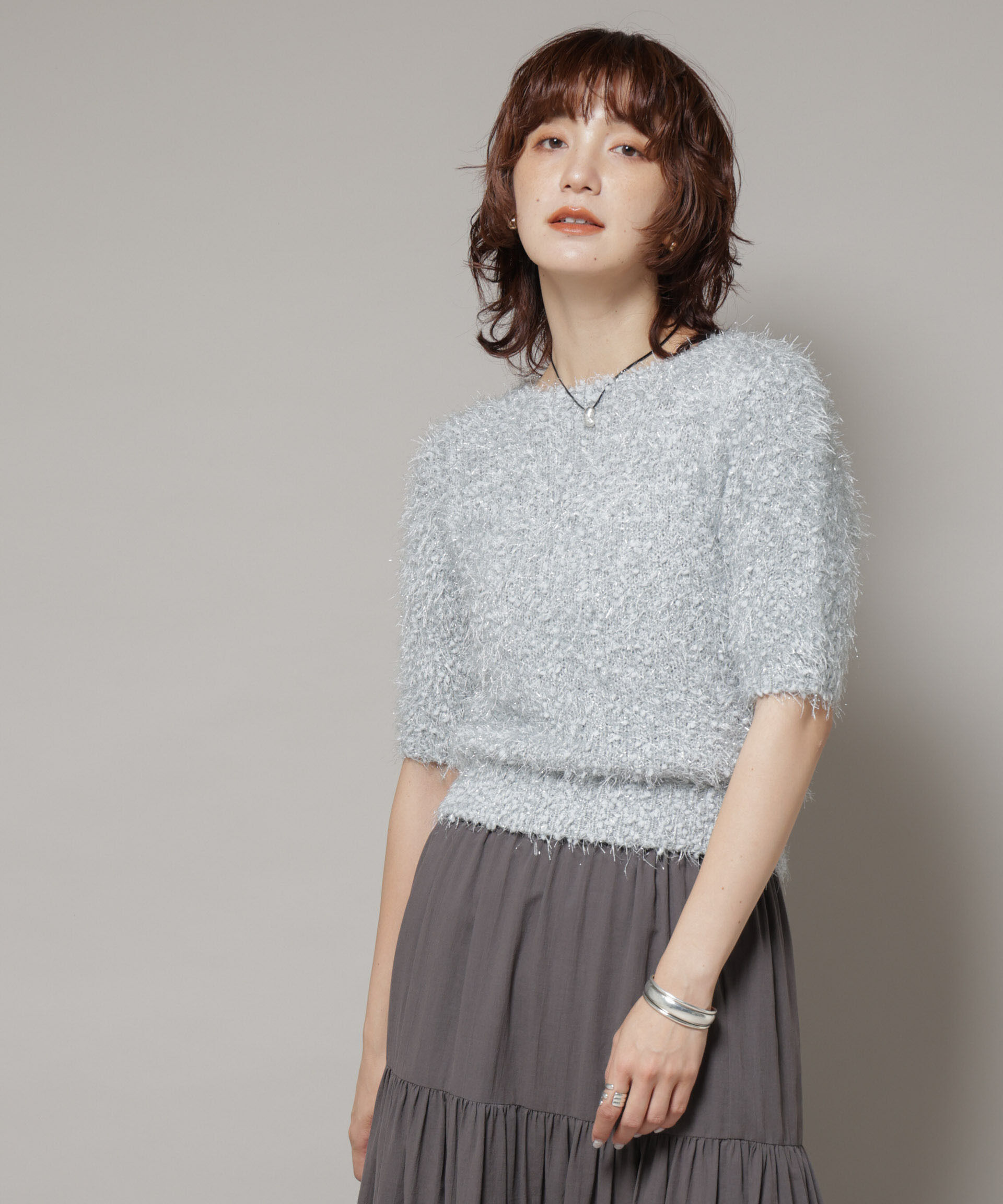 nano･universe「シャギーラメコンパクト半袖ニット」|ニット・セーター|L.グレー1