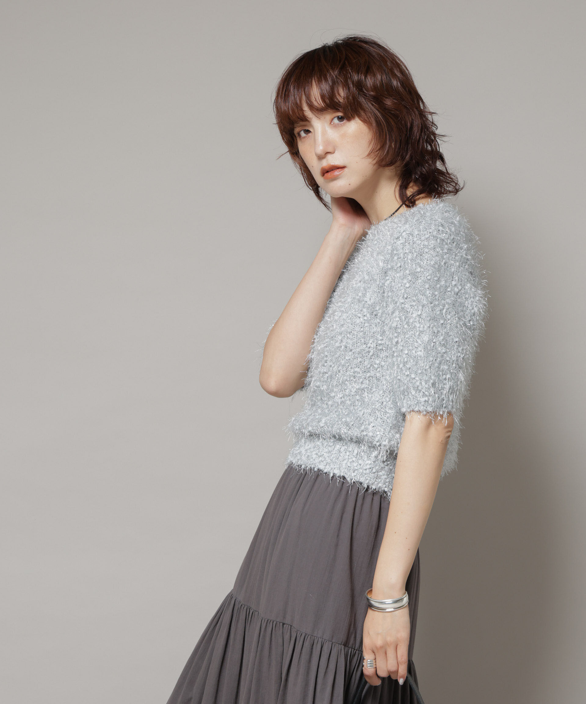 nano･universe「シャギーラメコンパクト半袖ニット」|ニット・セーター|