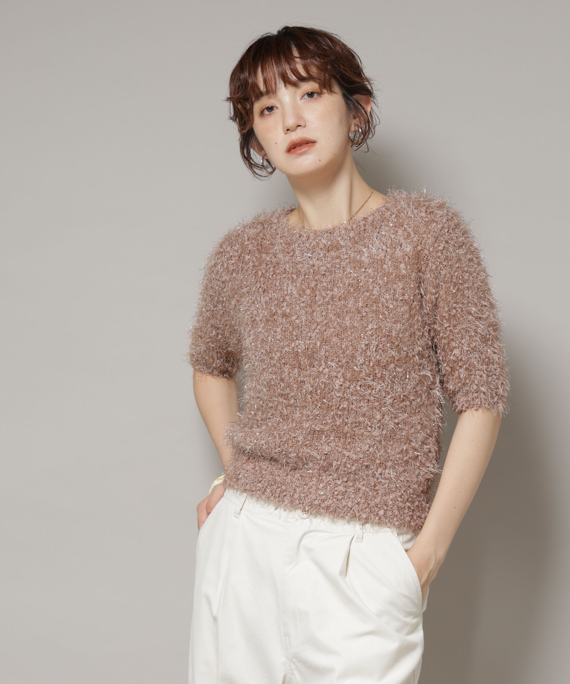 nano･universe「シャギーラメコンパクト半袖ニット」|ニット・セーター|