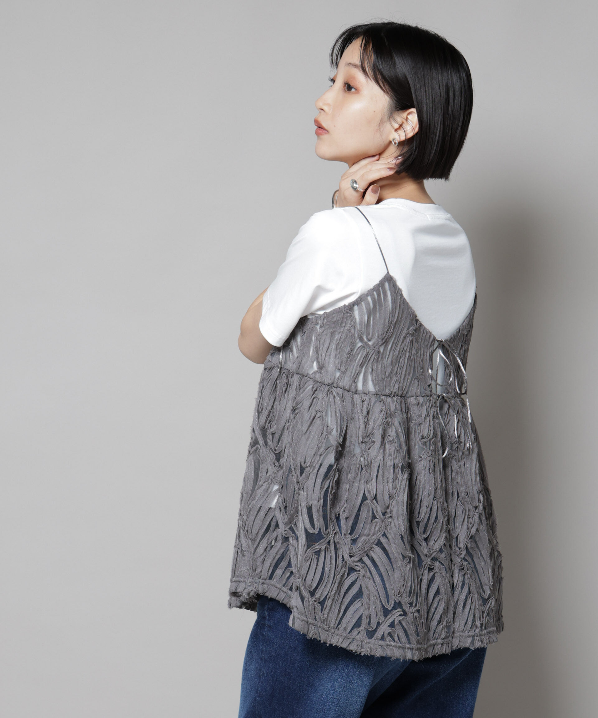 nano･universe「テープ刺繍チュール前後2wayキャミソールビスチェ(セットアップ可)」|シャツ・ブラウス|