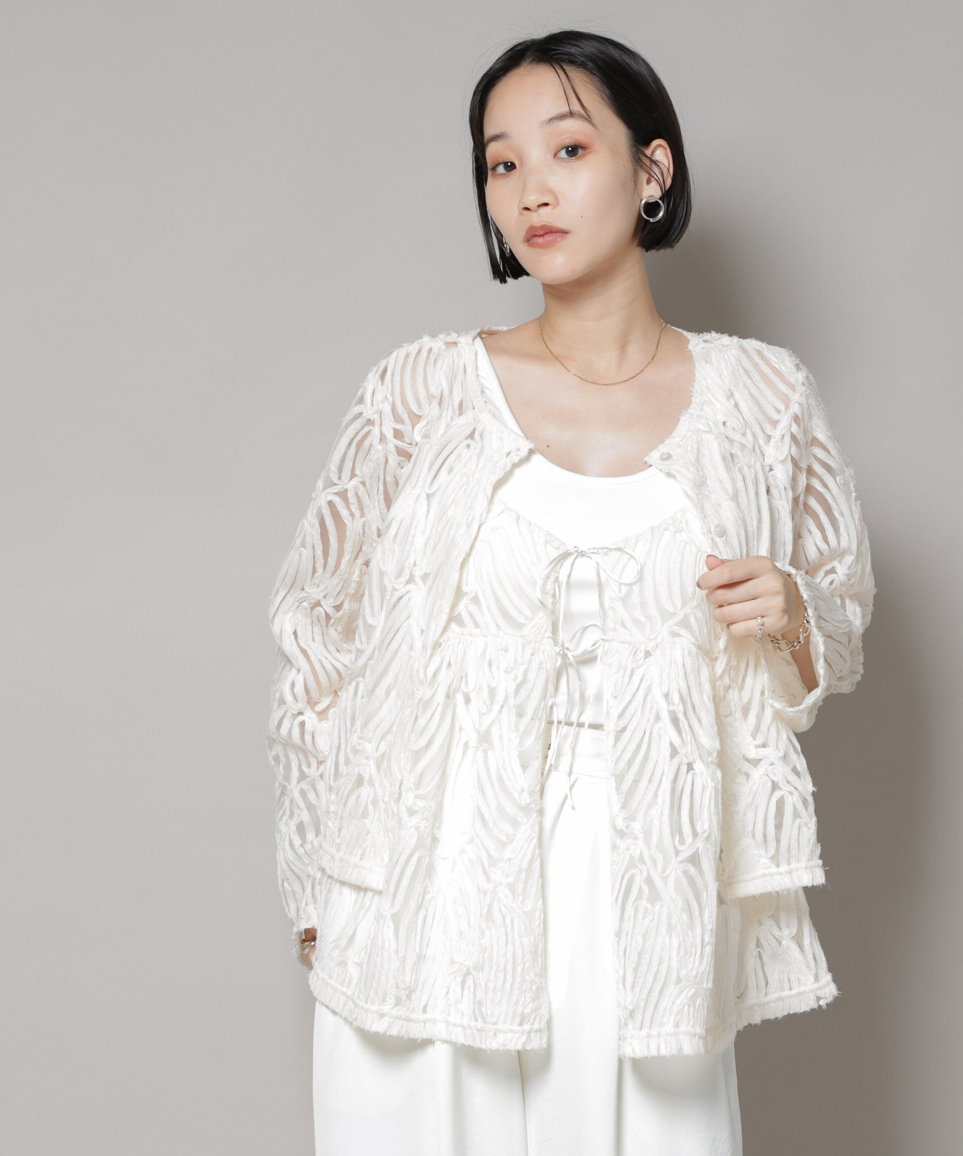 nano･universe「テープ刺繍チュール前後2wayキャミソールビスチェ(セットアップ可)」|シャツ・ブラウス|