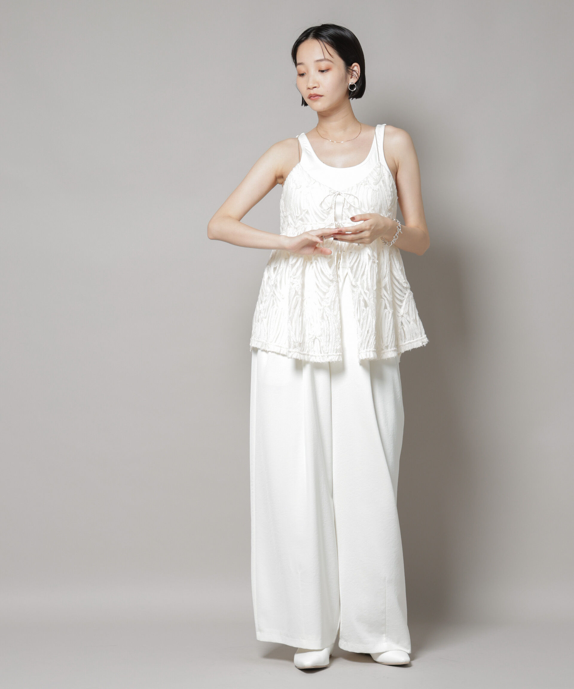 nano･universe「テープ刺繍チュール前後2wayキャミソールビスチェ(セットアップ可)」|シャツ・ブラウス|