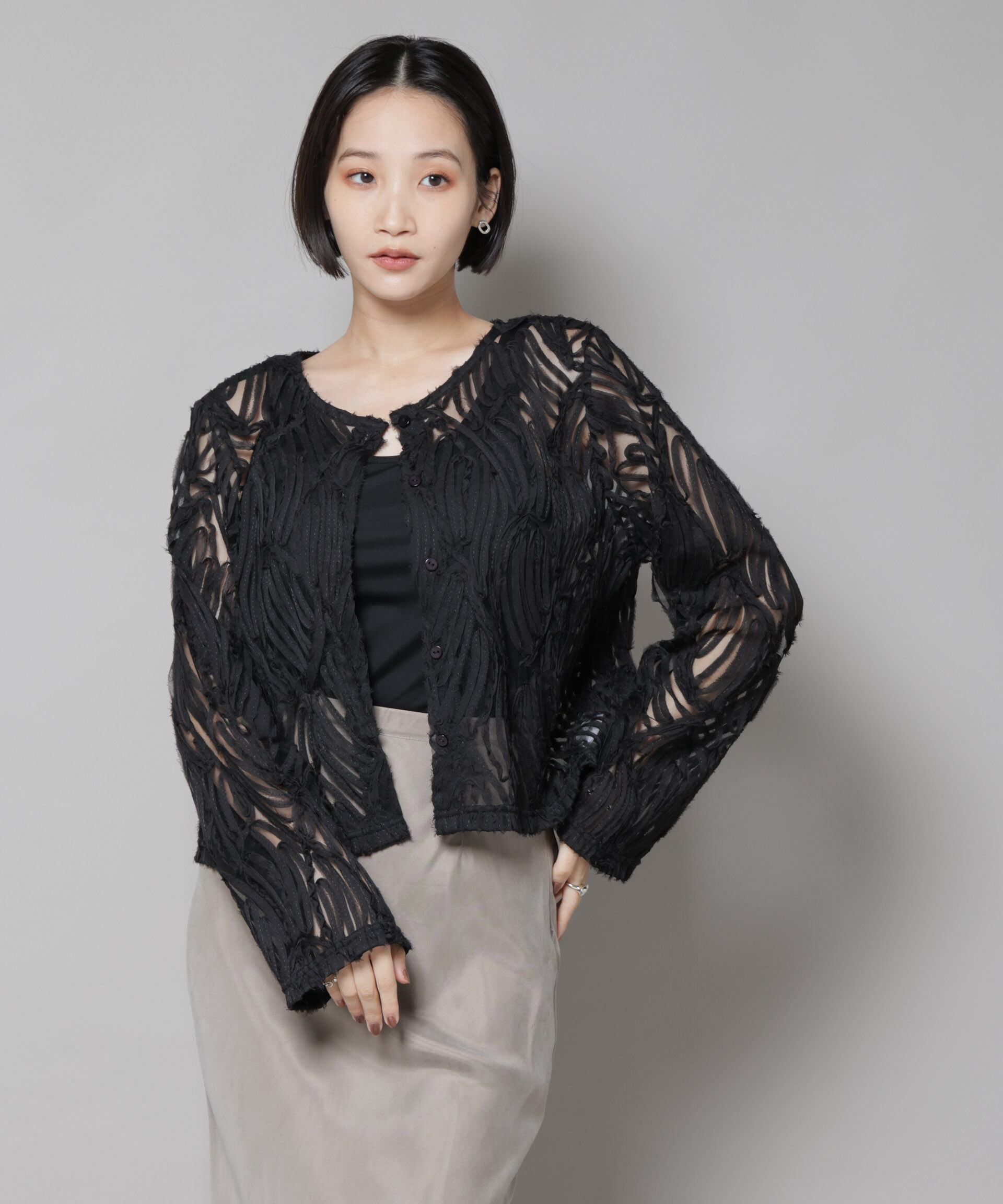 nano･universe「テープ刺繍チュール前後2wayカーディガン(セットアップ可)」|シャツ・ブラウス|