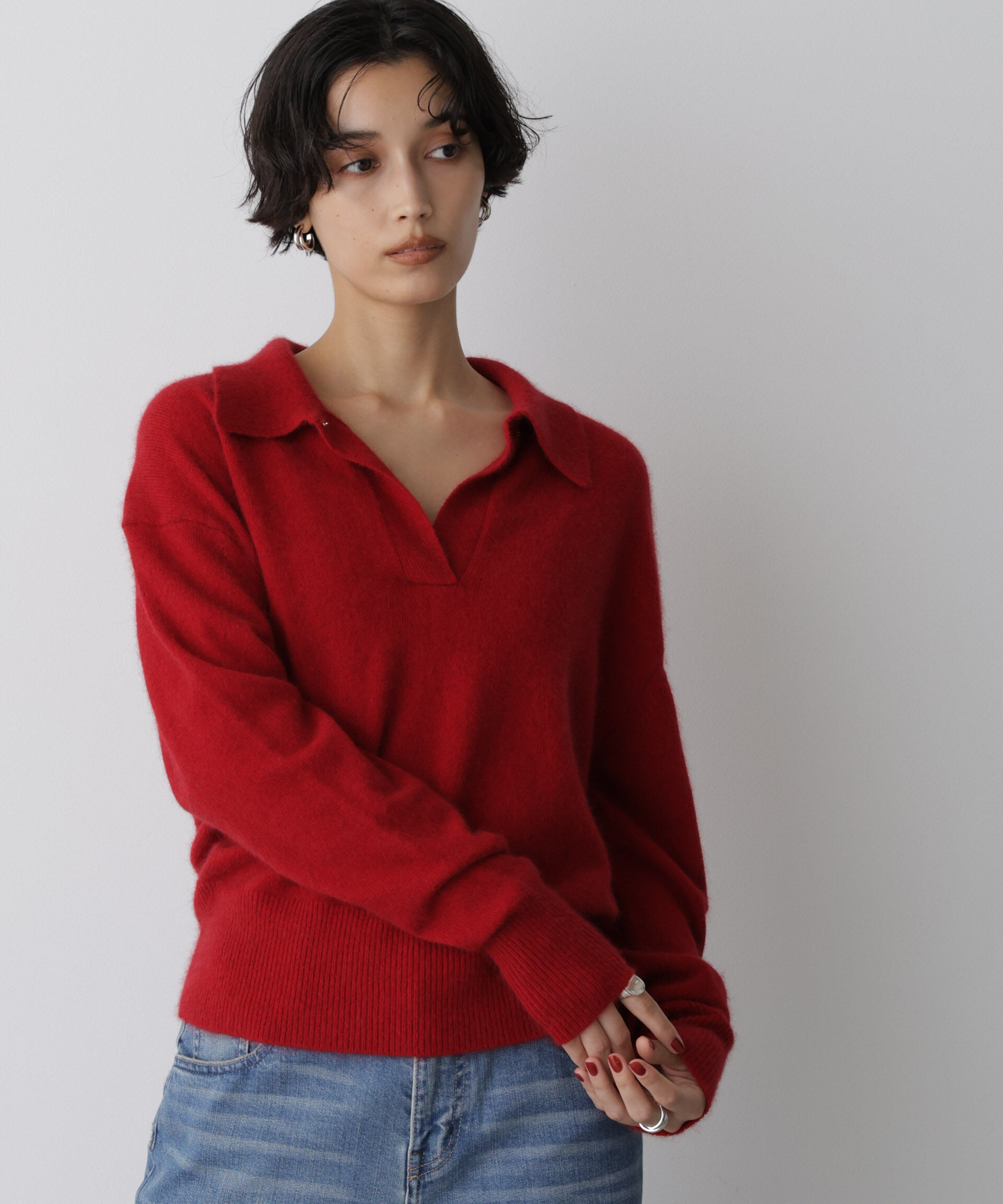  「「STEVELOUR」スキッパーポロ衿ソフトタッチニット」|ニット・セーター|