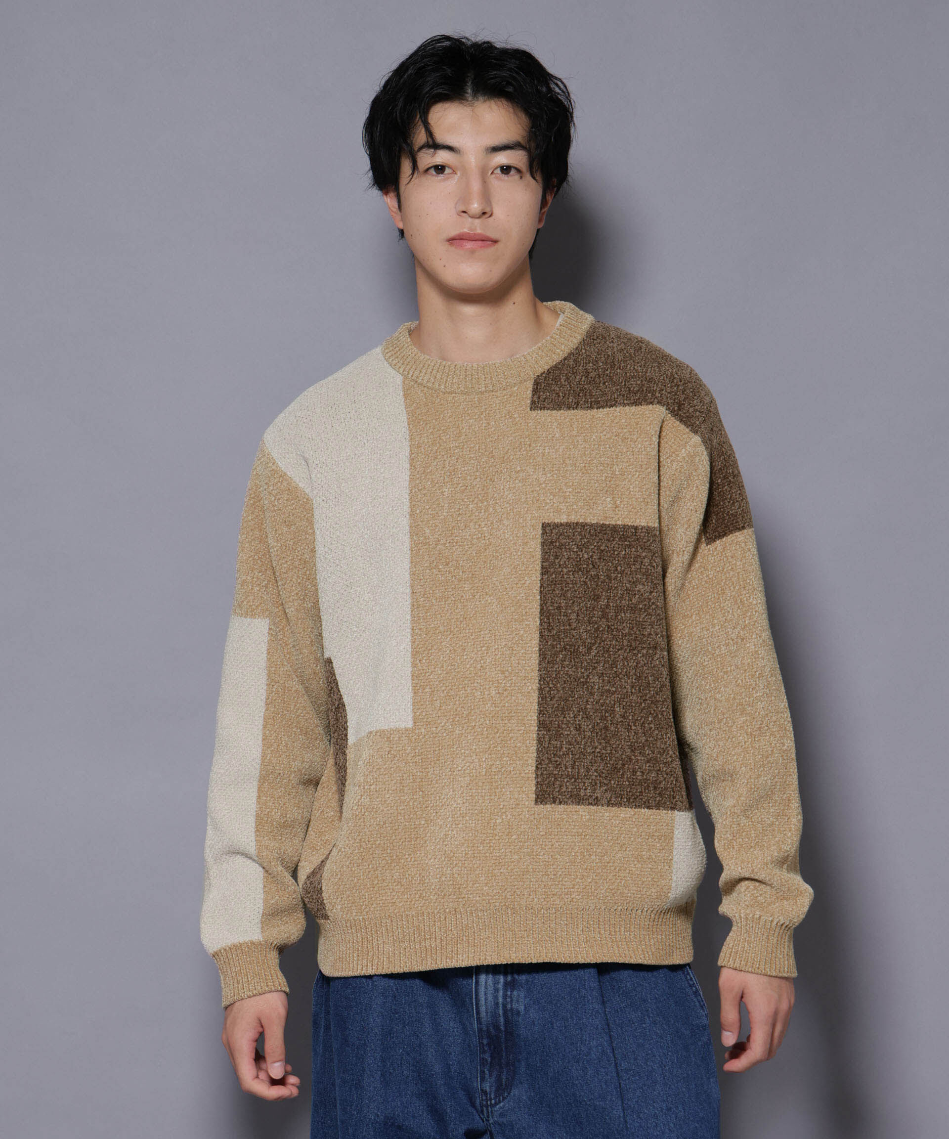 nano･universe「モールヤーンブロッキングニット」|ニット・セーター|ベージュ