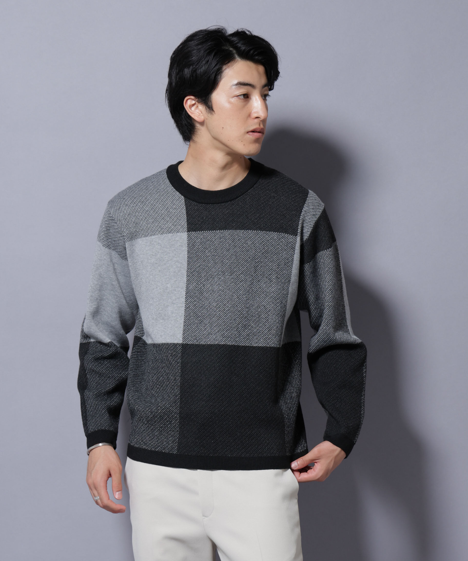 nano･universe「ブロックチェッククルーネックニット」|ニット・セーター|