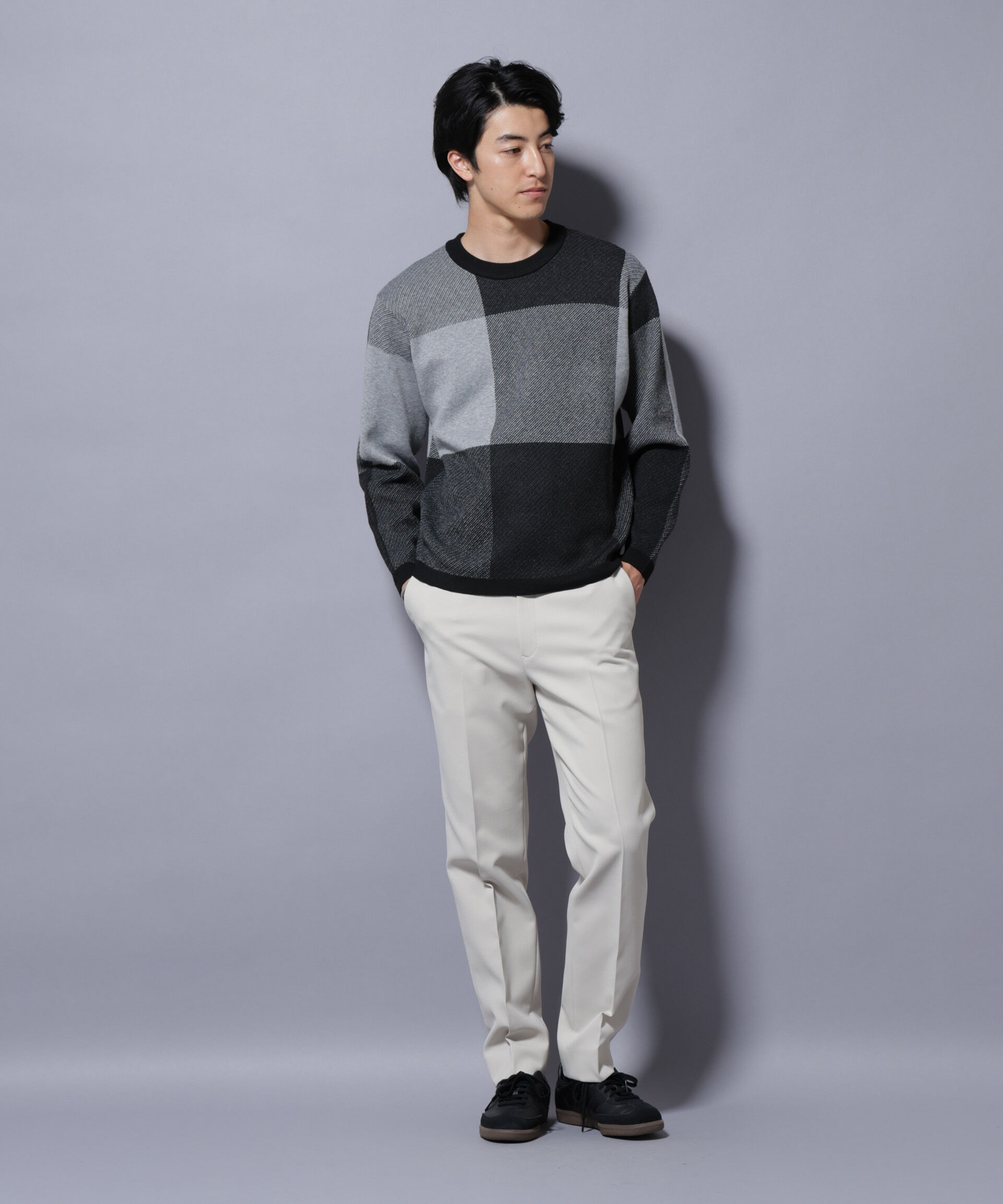 nano･universe「ブロックチェッククルーネックニット」|ニット・セーター|