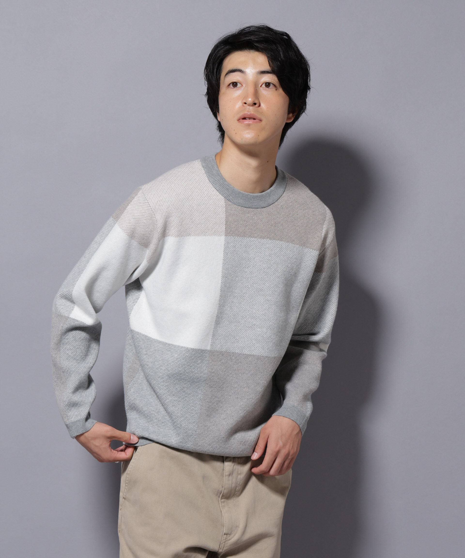 nano･universe「ブロックチェッククルーネックニット」|ニット・セーター|