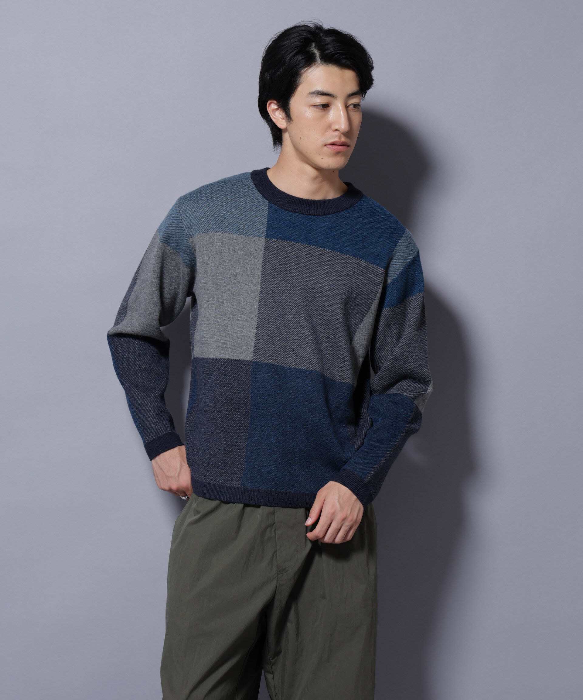 nano･universe「ブロックチェッククルーネックニット」|ニット・セーター|