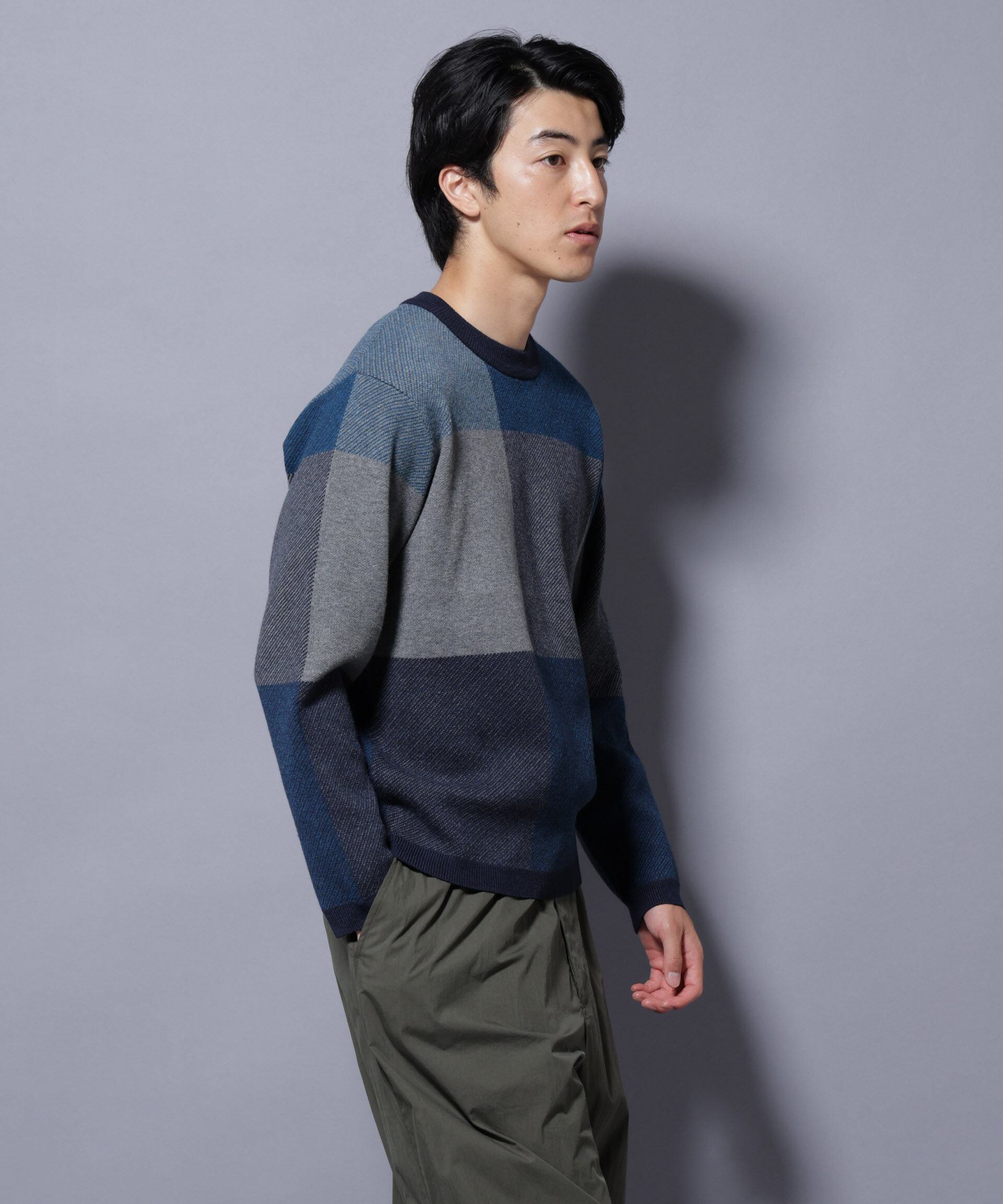 nano･universe「ブロックチェッククルーネックニット」|ニット・セーター|