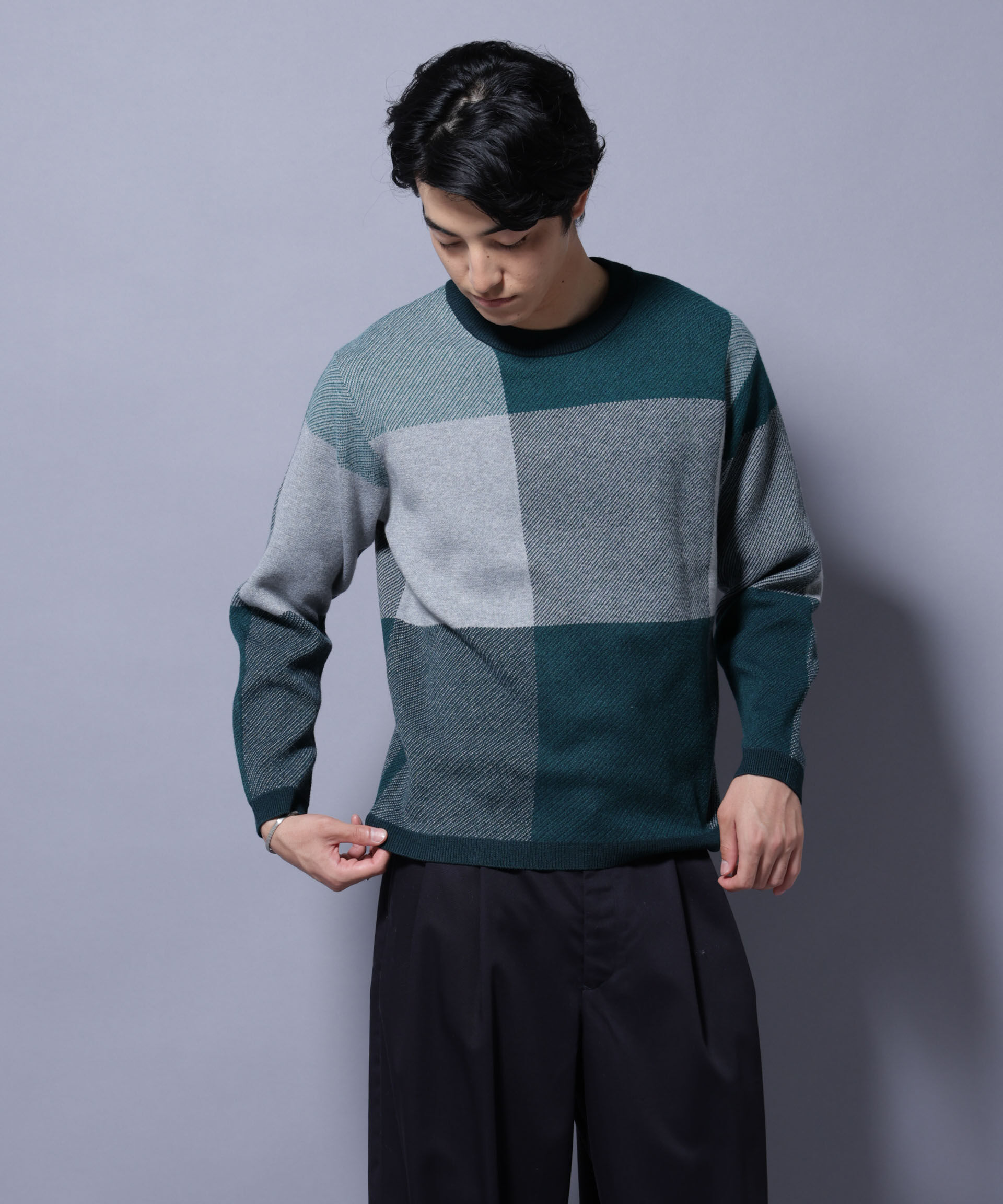 nano･universe「ブロックチェッククルーネックニット」|ニット・セーター|