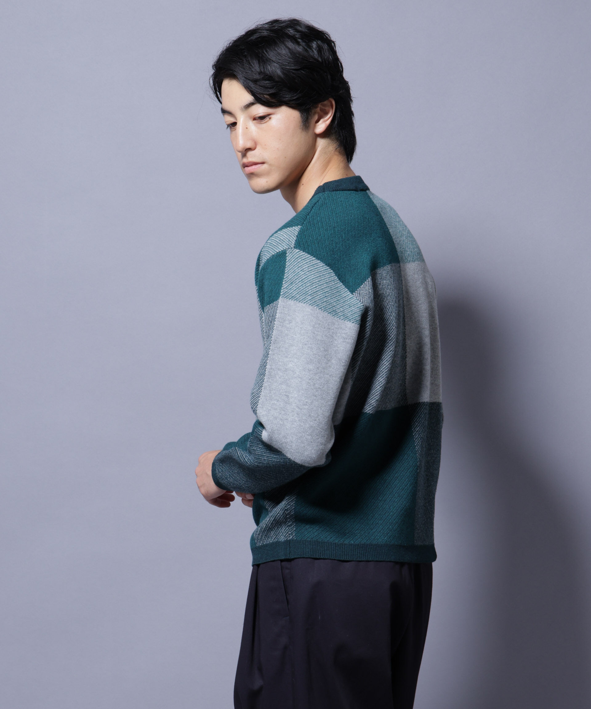nano･universe「ブロックチェッククルーネックニット」|ニット・セーター|