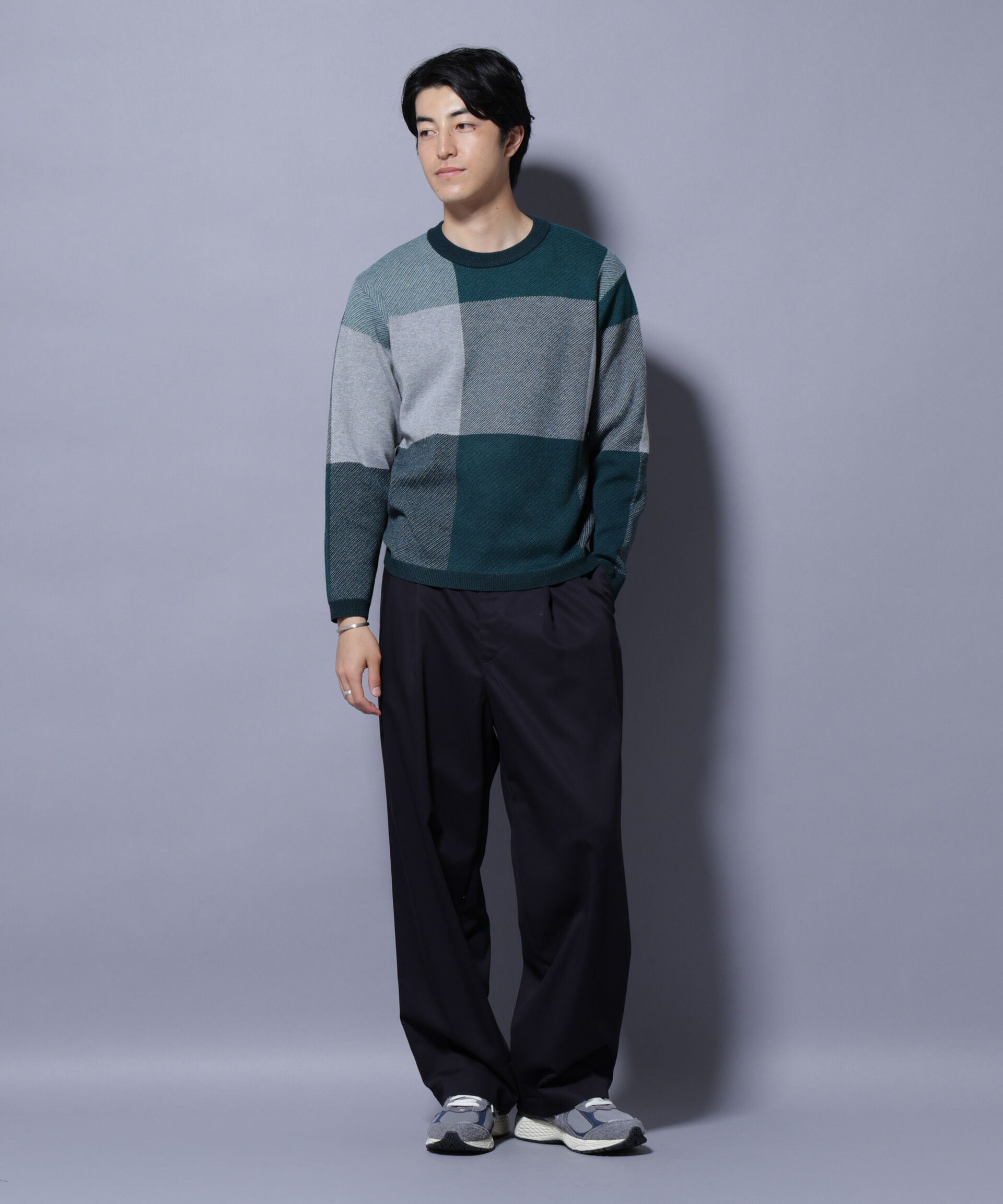 nano･universe「ブロックチェッククルーネックニット」|ニット・セーター|