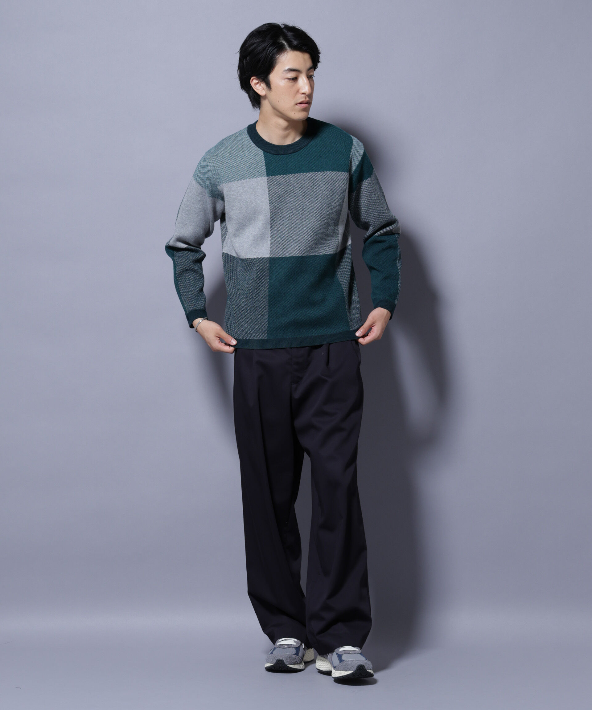 nano･universe「ブロックチェッククルーネックニット」|ニット・セーター|