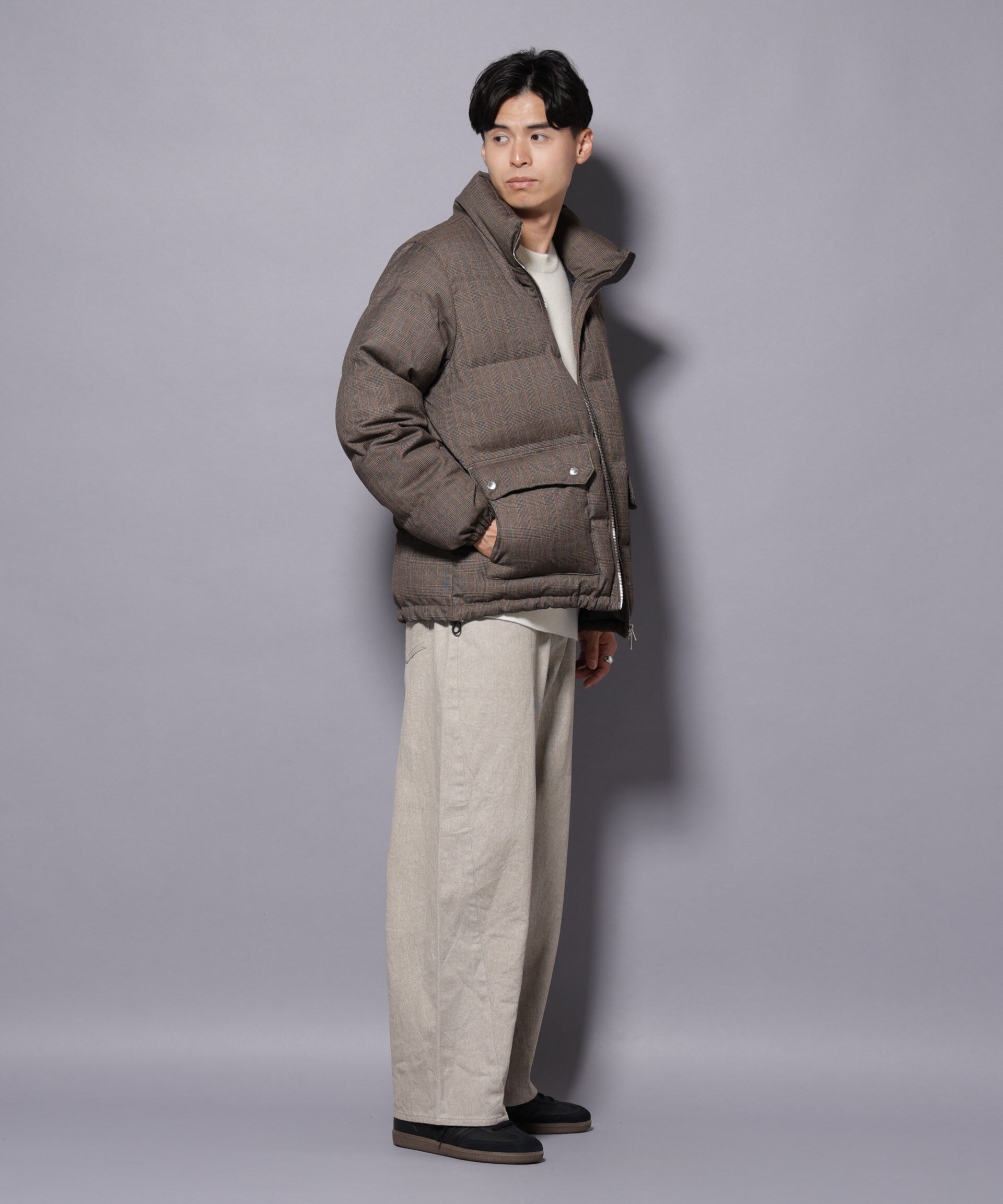 nano･universe「DELEGANTE エアリーサキソニー／グレンチェックTAIONダウンジャケット」|ダウン|