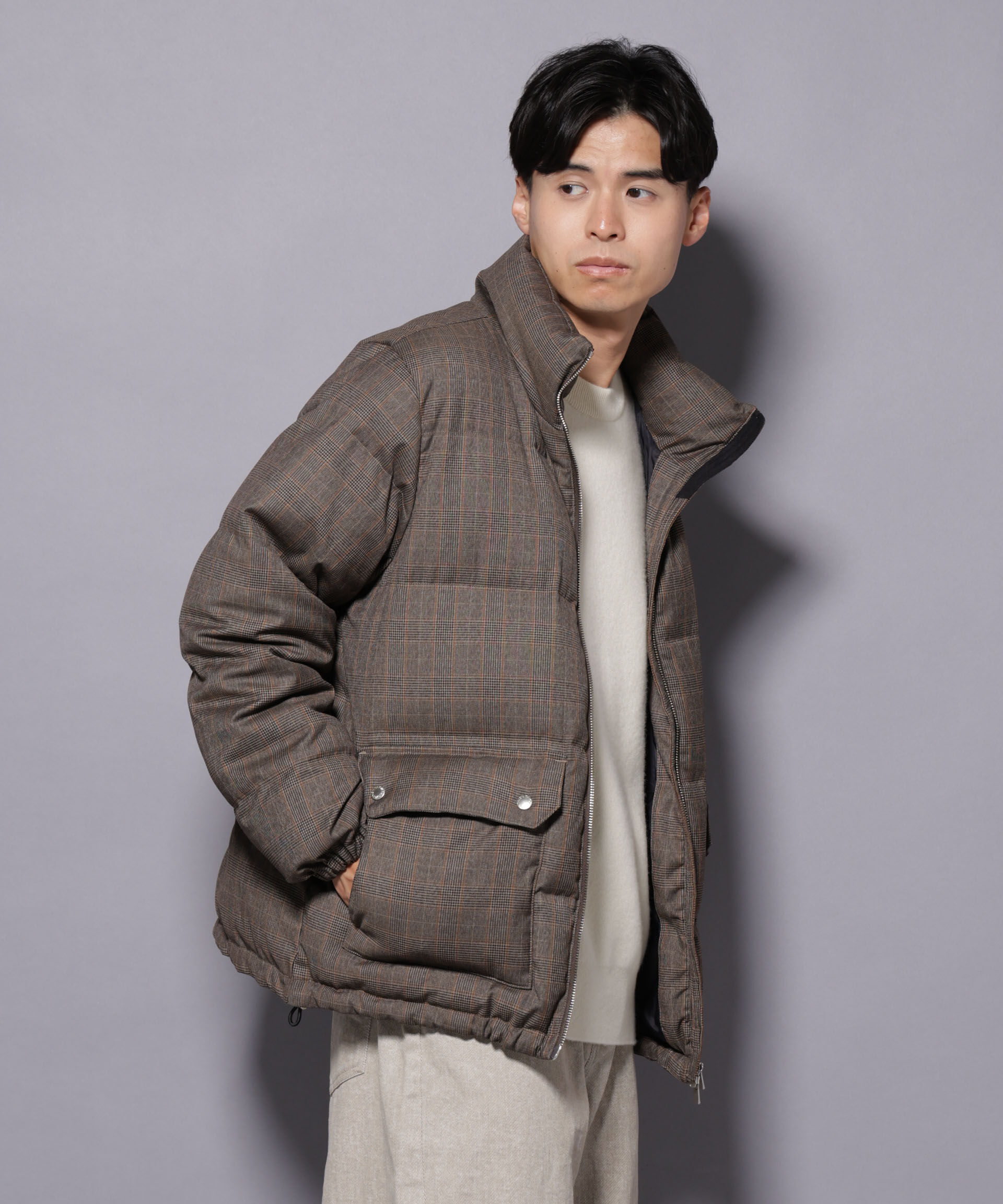 nano･universe「DELEGANTE エアリーサキソニー／グレンチェックTAIONダウンジャケット」|ダウン|