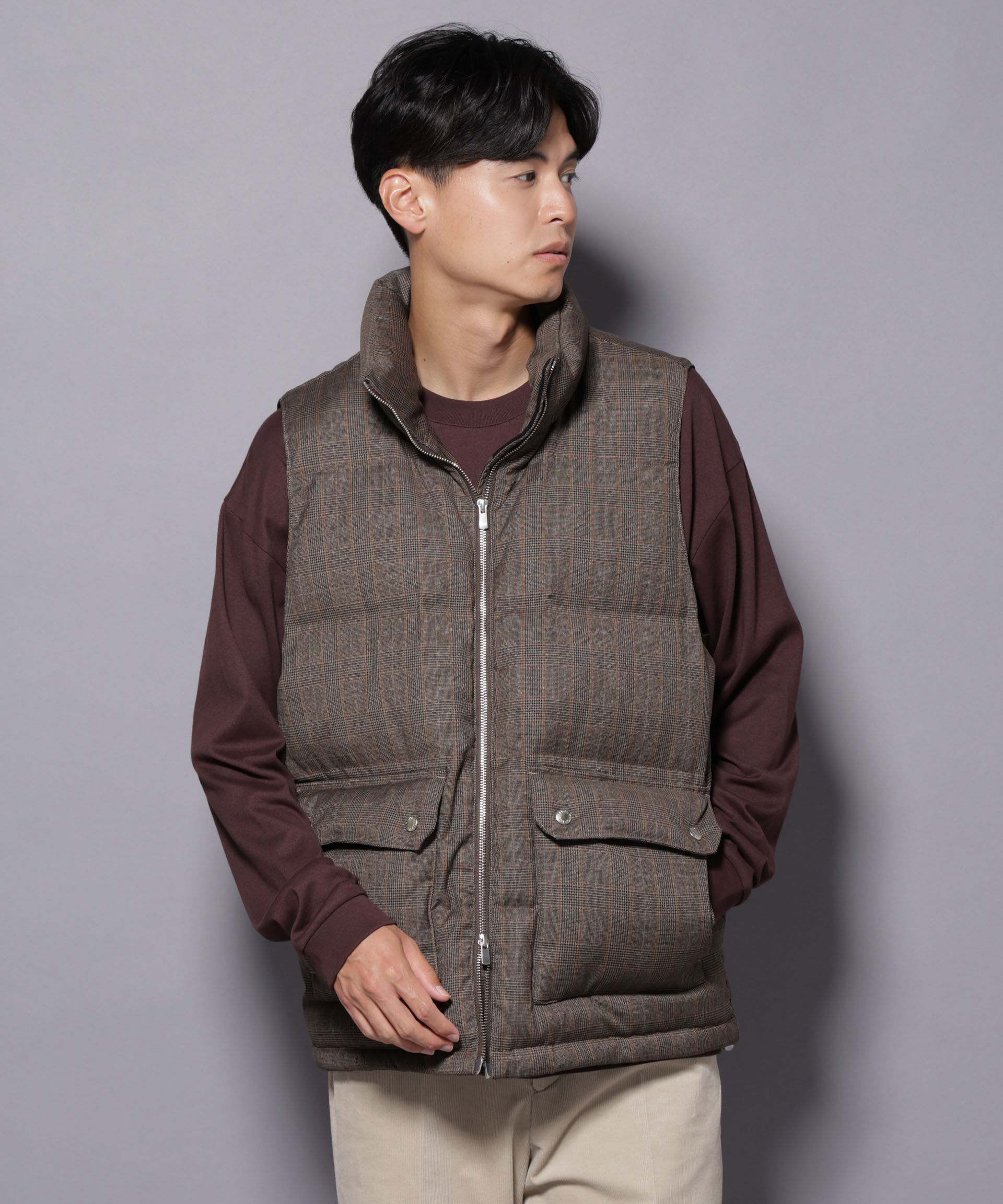 nano･universe「DELEGANTE エアリーサキソニー/グレンチェックTAIONダウンベスト」|ダウン|