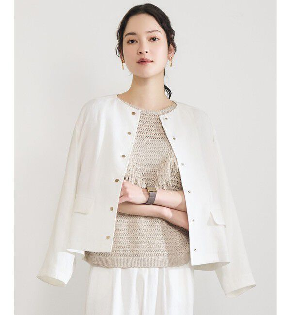 自由区「【カタログ掲載・セットアップ対応】リネンストレッチノーカラー ジャケット」|ノーカラージャケット|オフ