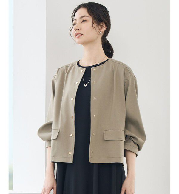 自由区「【カタログ掲載・セットアップ対応】リネンストレッチノーカラー ジャケット」|ノーカラージャケット|カーキ