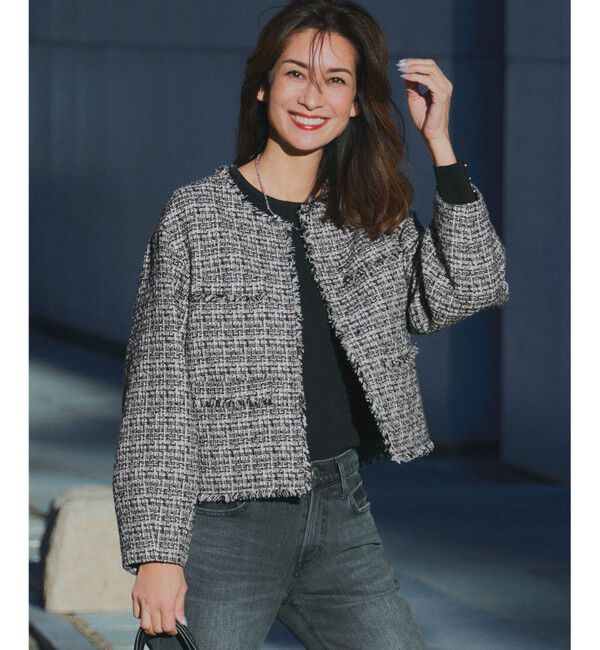 23区「【VERYコラボ 】ファンシーツイード ジャケット」|ノーカラージャケット|ﾌﾞﾗｯｸ&times;ﾎ