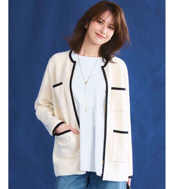 23区「【洗える】ミニブークレニット バイカラー ジャケット」|カーディガン|ｱｲﾎﾞﾘｰ&times;