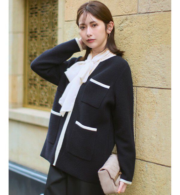 23区「【洗える】ミニブークレニット バイカラー ジャケット」|カーディガン|ﾌﾞﾗｯｸ&times;ﾍ