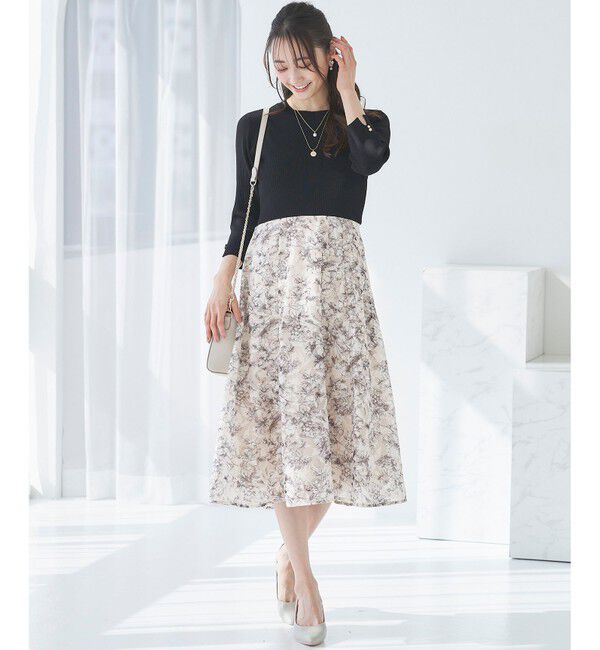 ANY SIS「【洗える】フラワープリントドッキングニット ワンピース」|ワンピース|