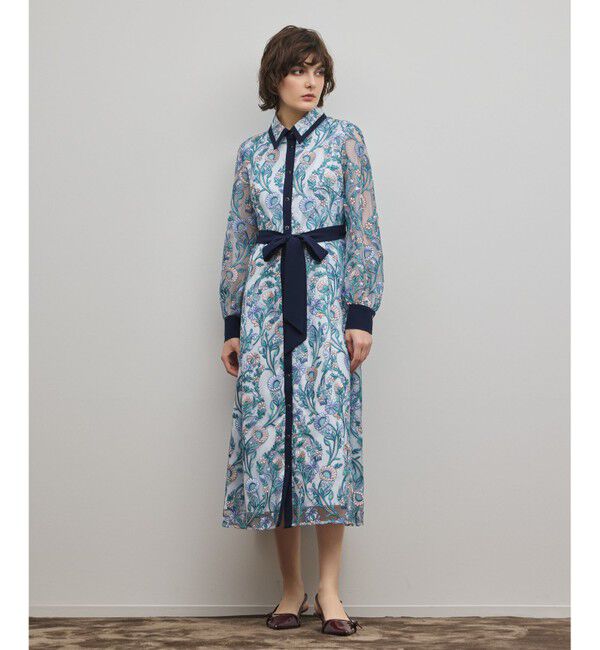 GRACE CONTINENTAL「マルチフラワー刺繍フレアワンピース」|ワンピース|ブルー