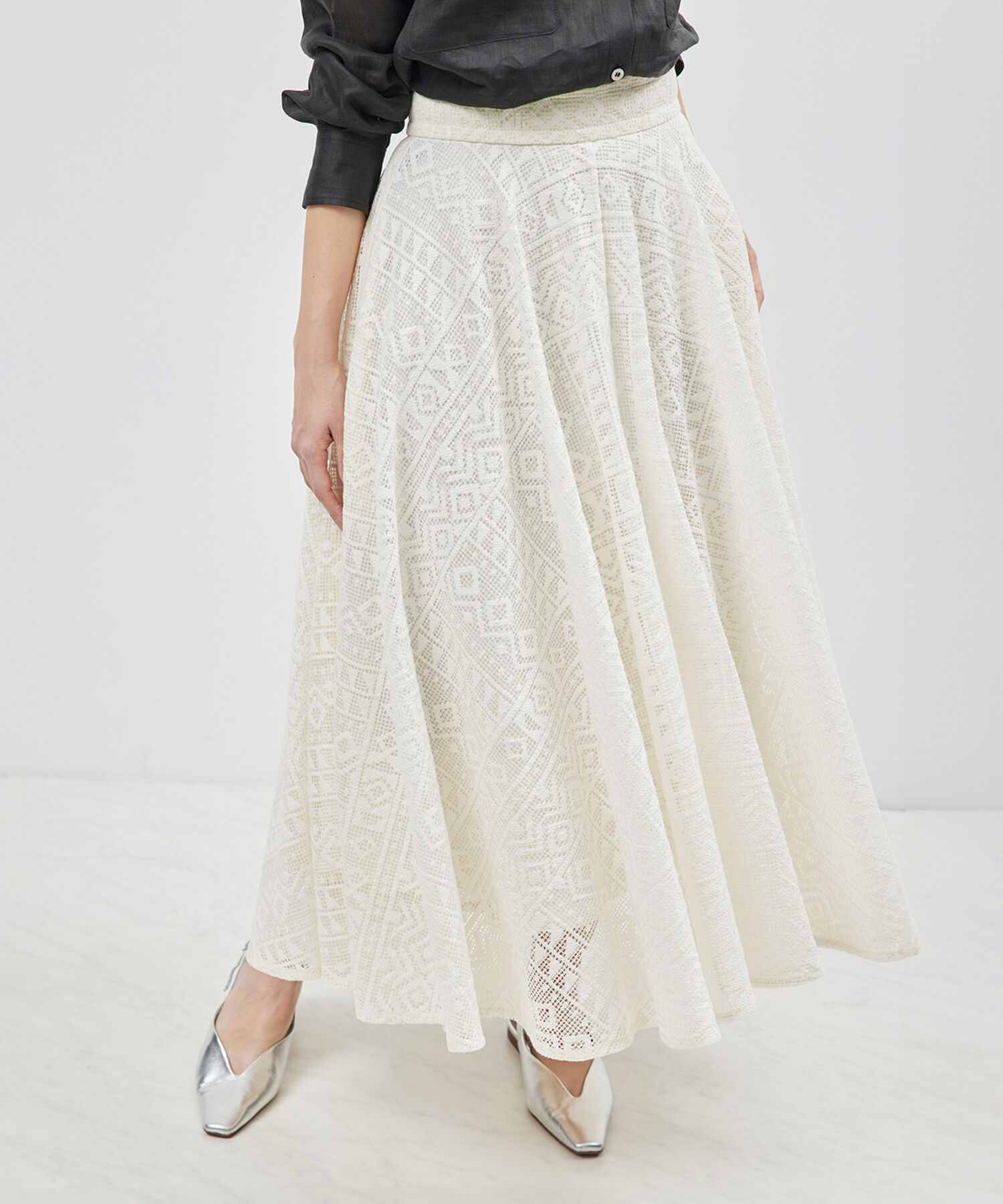 ROPE「ジオメトリックレースフレアスカート【セットアップ対応】【雑誌掲載】【メディア掲載】」|スカート|ホワイト(10)