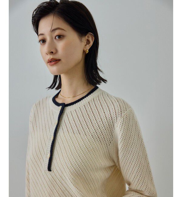ROPE「カシミヤ混 透かし柄バイカラーニット/イージーケア」|ニット・セーター|