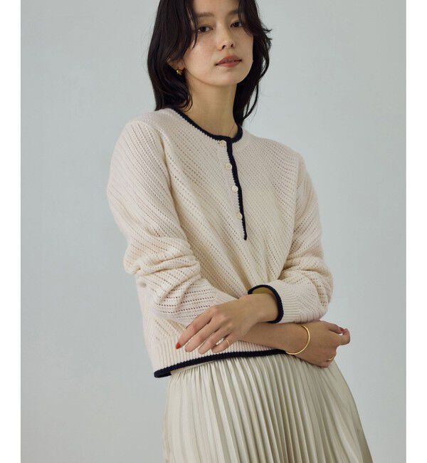 ROPE「カシミヤ混 透かし柄バイカラーニット/イージーケア」|ニット・セーター|オフホワイト(15)