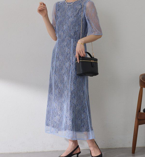  「【オケージョン】ラメフラワーコードレースワンピース」|ワンピース|ブルー