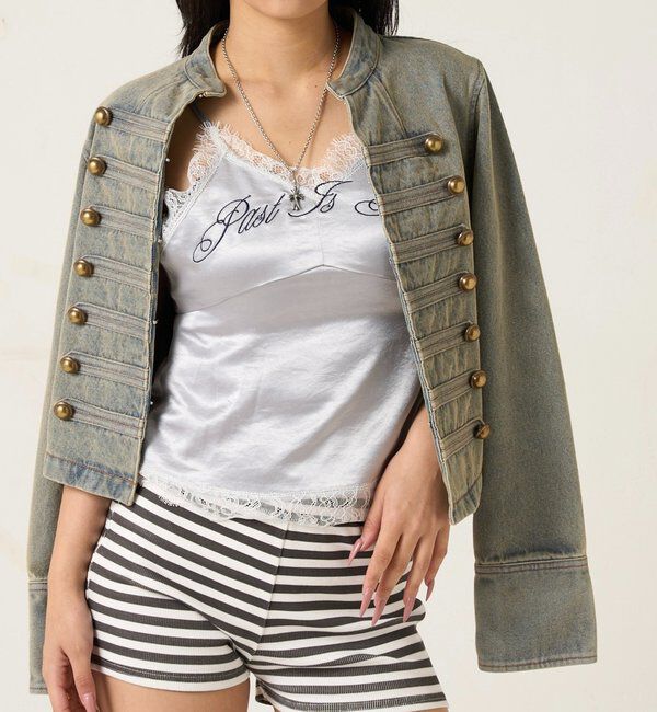  「刺繍ロゴサテンスリップキャミ」|シャツ・ブラウス|グレー