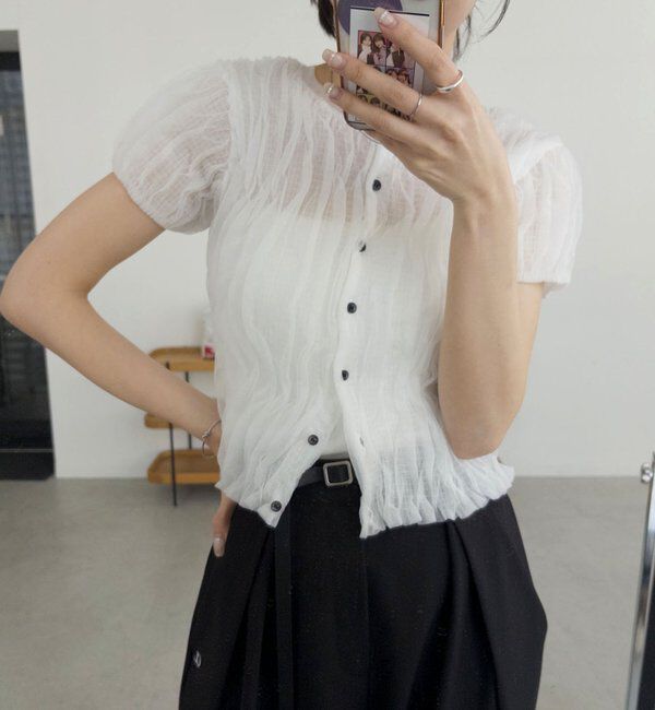  「シャーリング半袖カーディガン」|カーディガン|