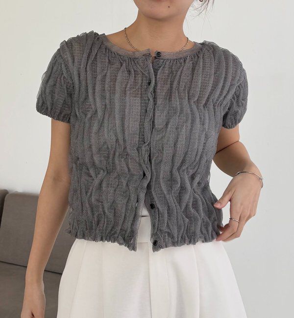  「シャーリング半袖カーディガン」|カーディガン|グレー