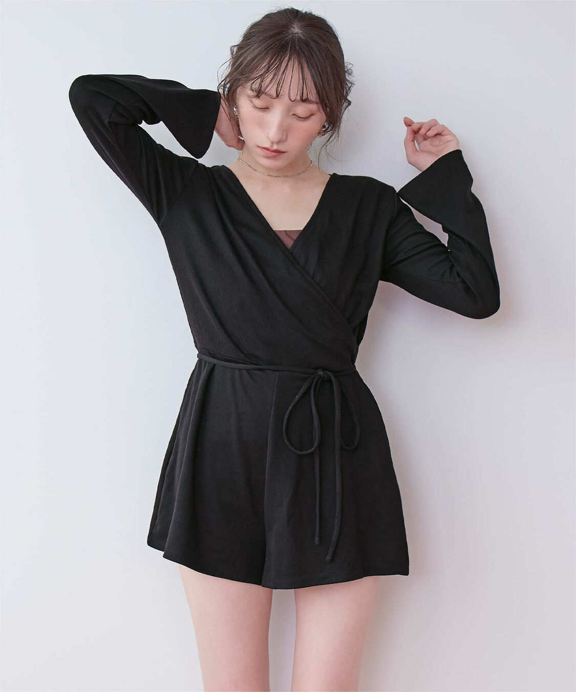 SEA DRESS「細リブカシュクールオールインワン」|コンビネゾン|ブラック