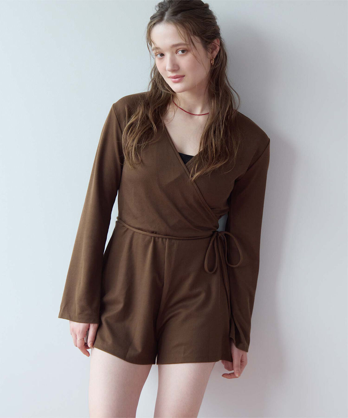 SEA DRESS「細リブカシュクールオールインワン」|コンビネゾン|ブラウン
