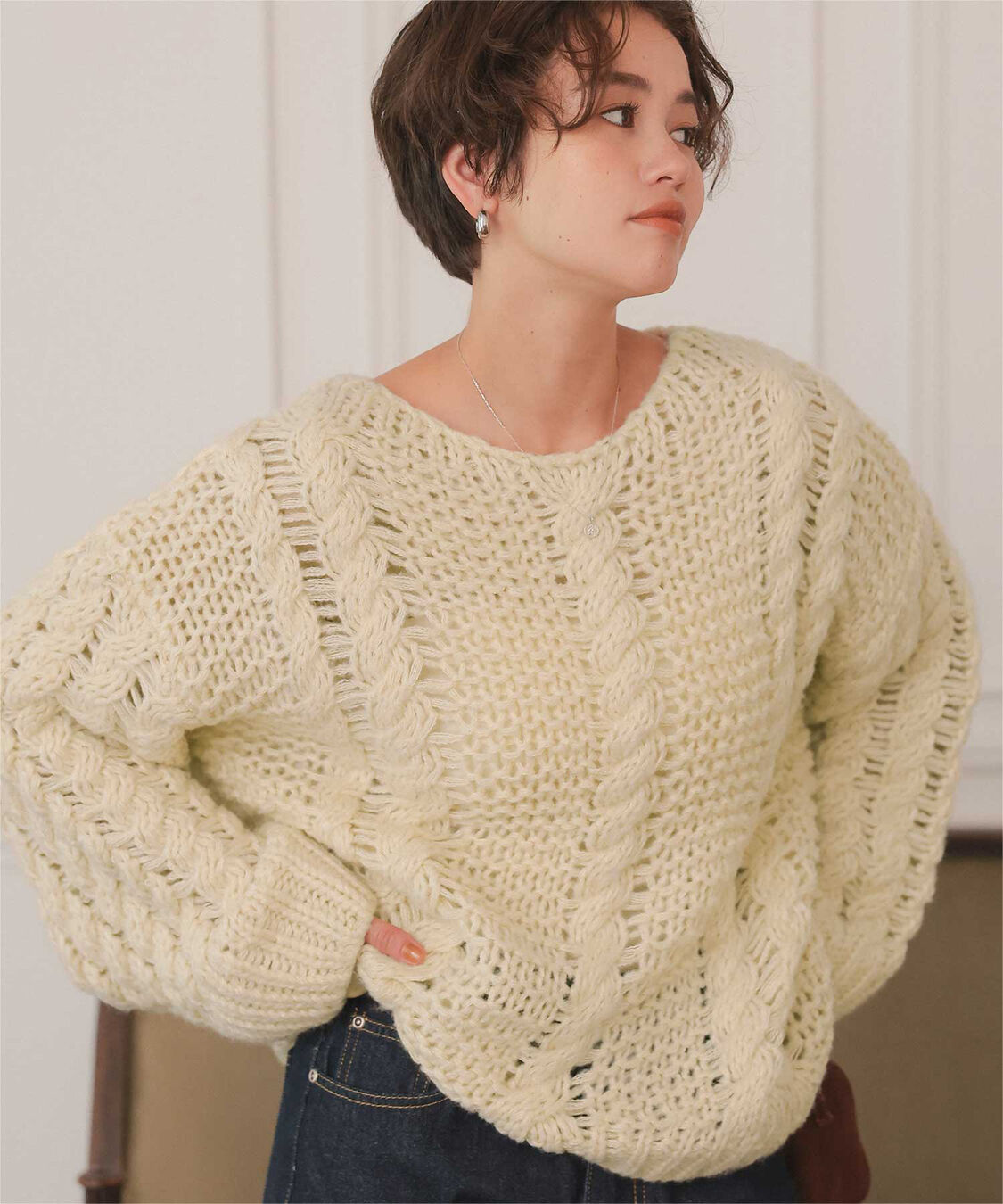 titivate「ハンドライクボートネックケーブルニット」|ニット・セーター|アイボリー