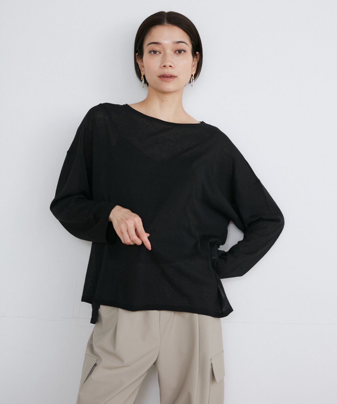 INED「《大きいサイズ》ワイドニットプルオーバー」|ニット・セーター|ブラック