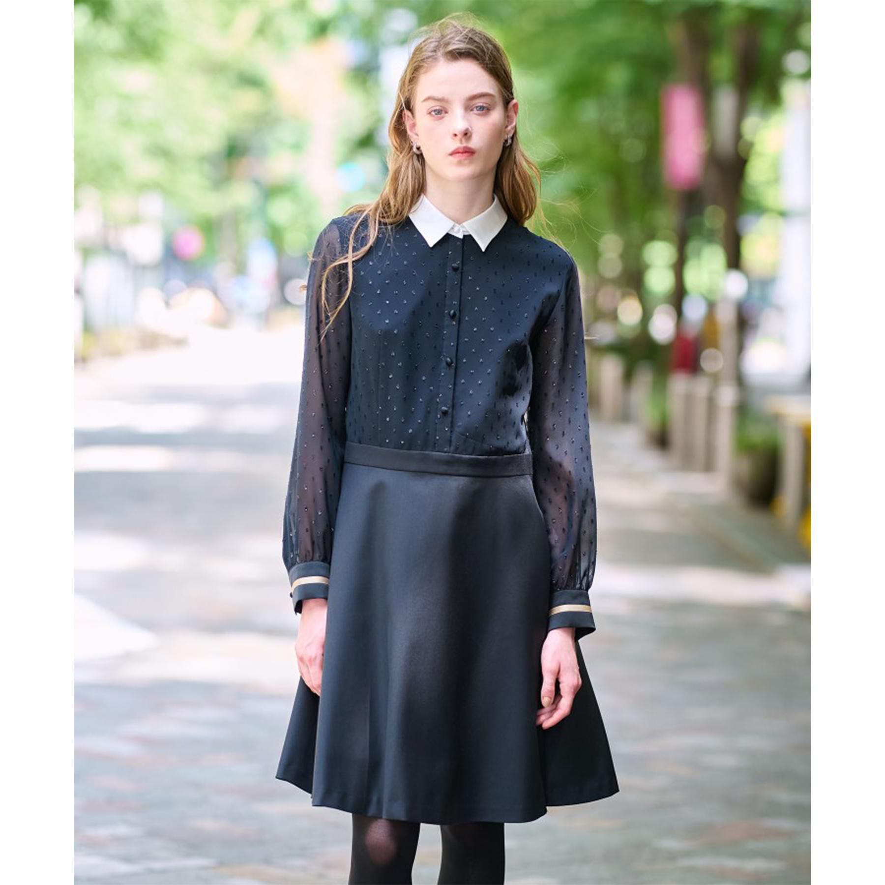 DRESSTERIOR「【洗える/きれいめ】フィルムドットクレリックワンピース」|ワンピース|