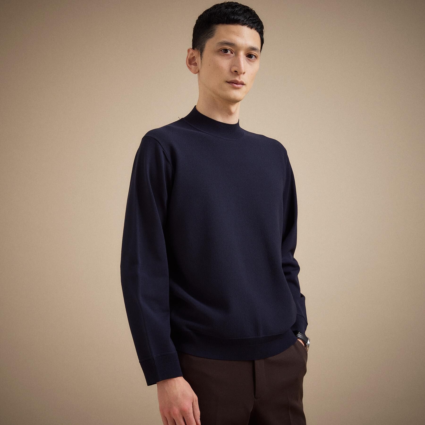 TAKEO KIKUCHI「モックネック 鹿の子 ニット プルオーバー」|ニット・セーター|ネイビー(094)
