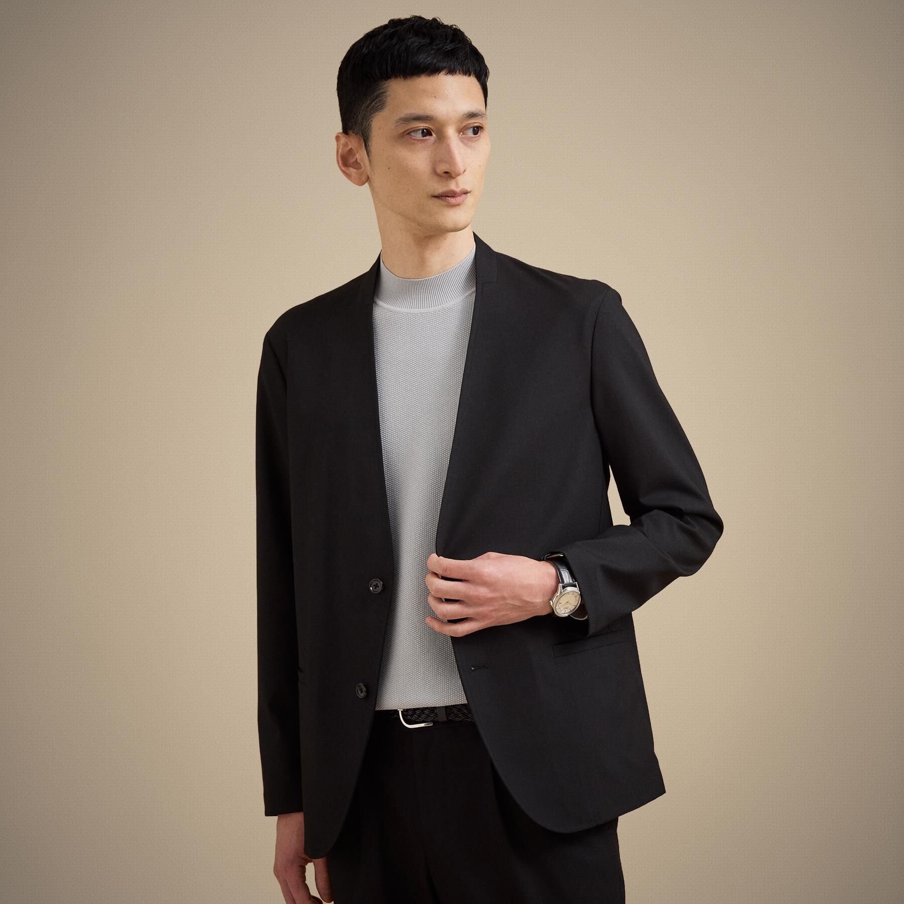 TAKEO KIKUCHI「【ON／OFF兼用】CARREMANファブリック ノーカラージャケット」|ノーカラージャケット|ブラック(019)