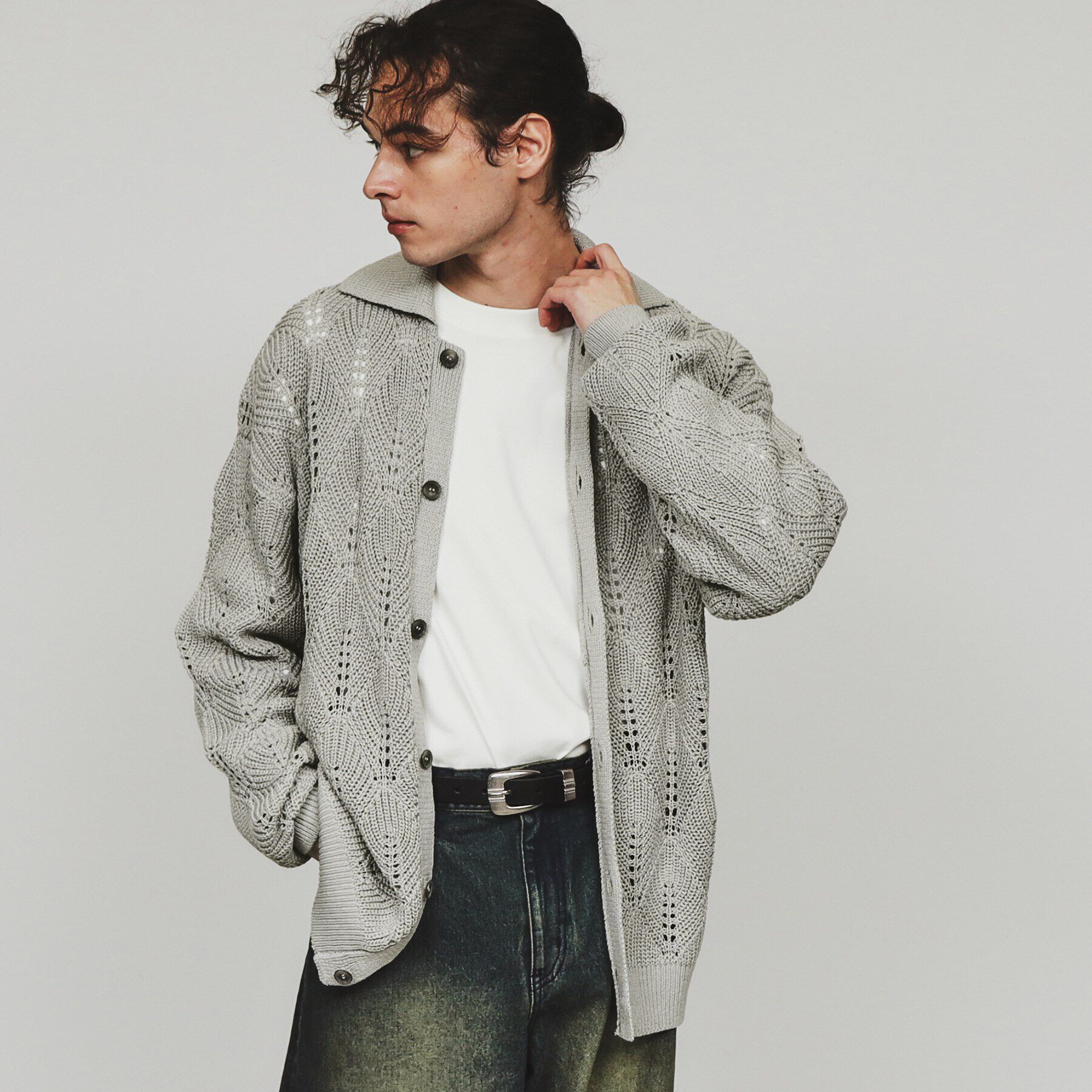 tk.TAKEO KIKUCHI「リーフジャカードニットシャツポロ」|カーディガン|ライトグレー(011