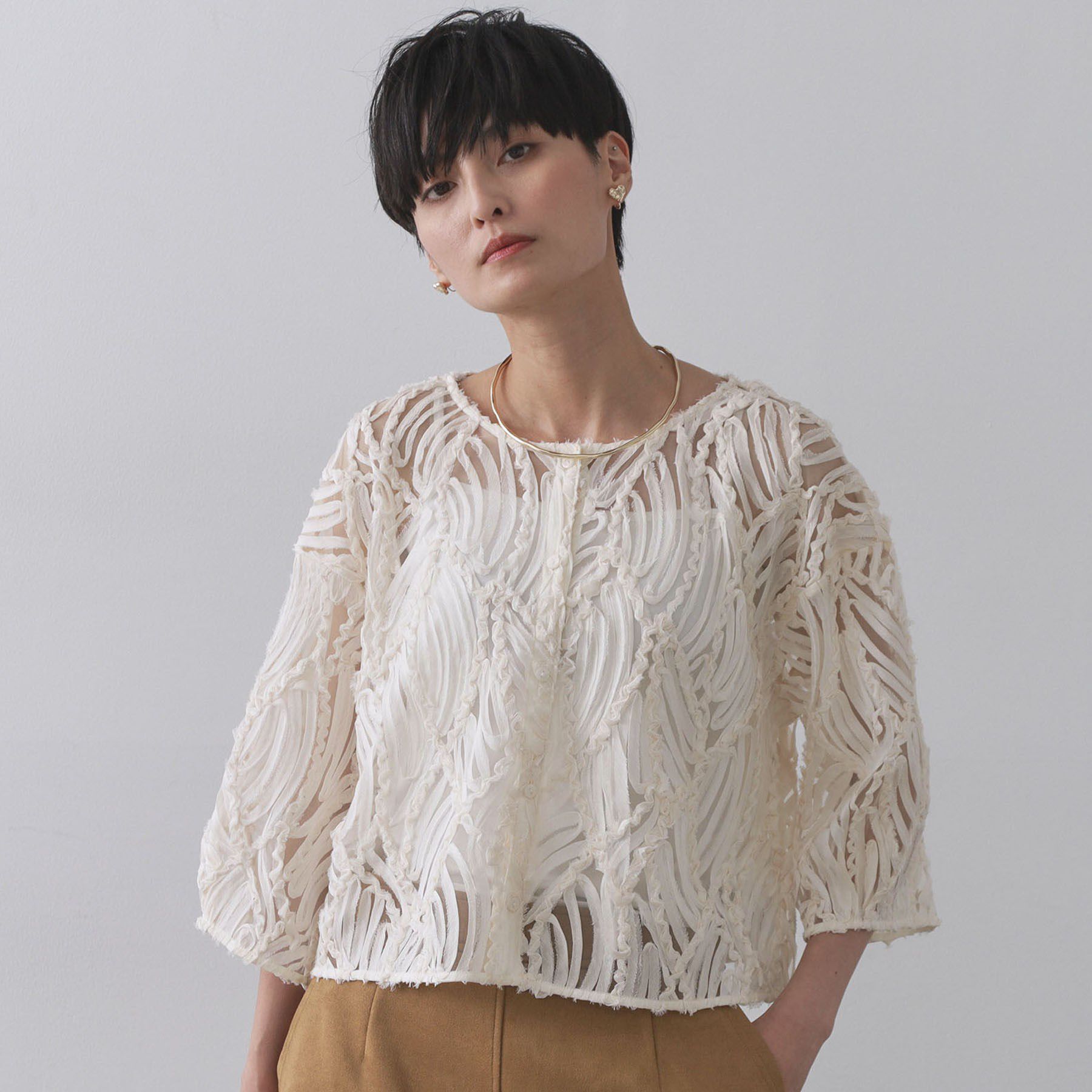 OPAQUE.CLIP「シアー刺繍レース前開きブラウス【洗濯機洗い可】」|シャツ・ブラウス|アイボリー(004)