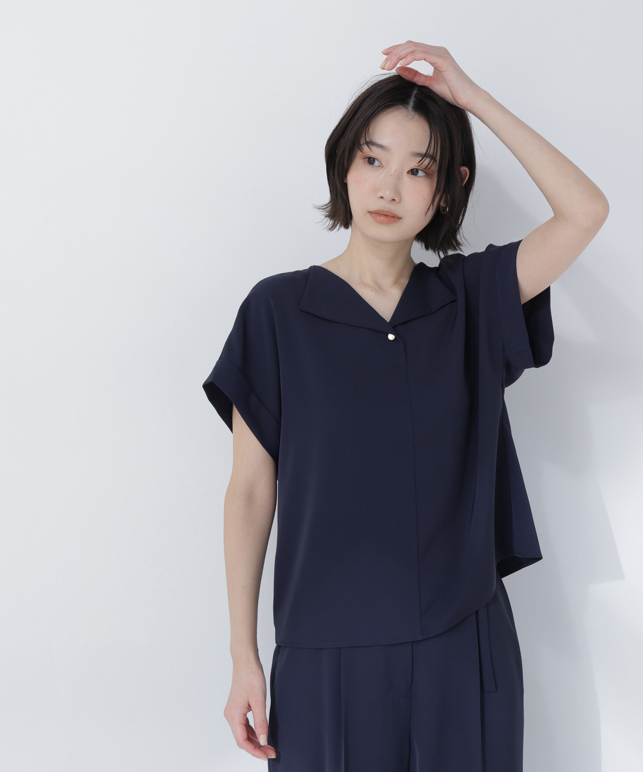  「クリアツイル SETUP 開襟ブラウス」|シャツ・ブラウス|ネイビー