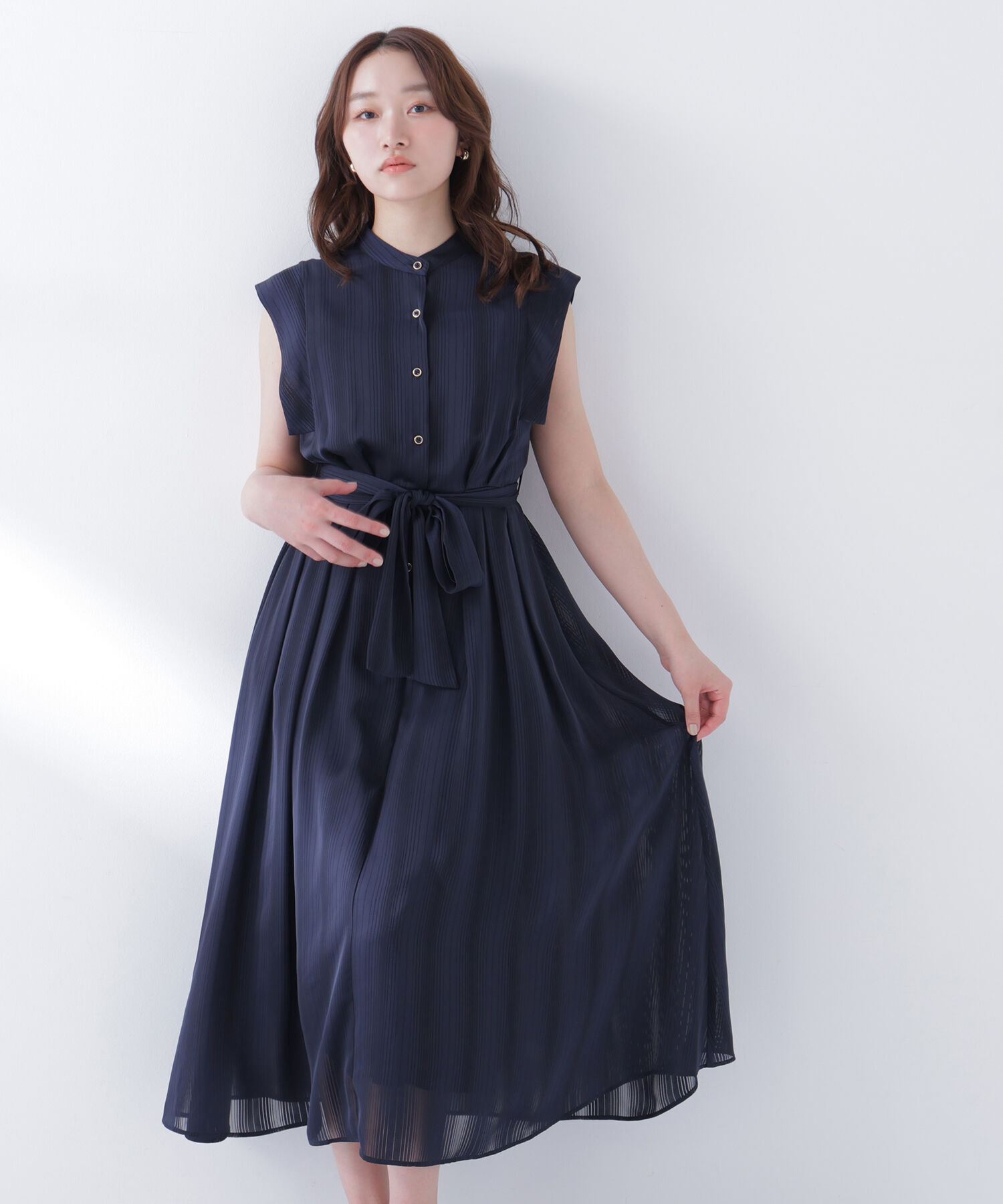  「シャドーストライプワンピース」|ワンピース|ネイビー