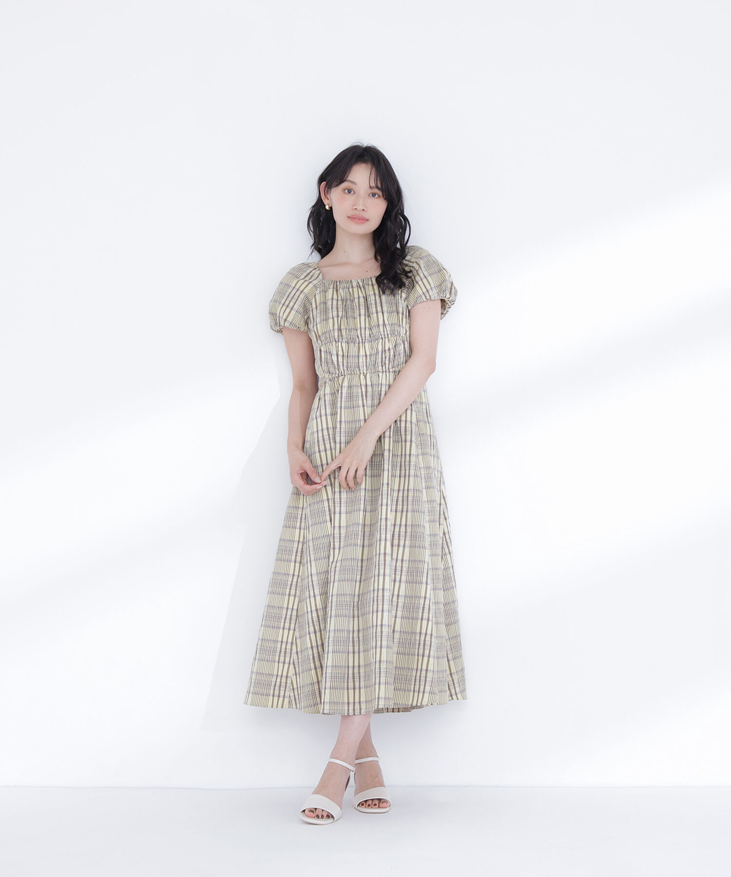  「チェックパフスリーブワンピース」|ワンピース|
